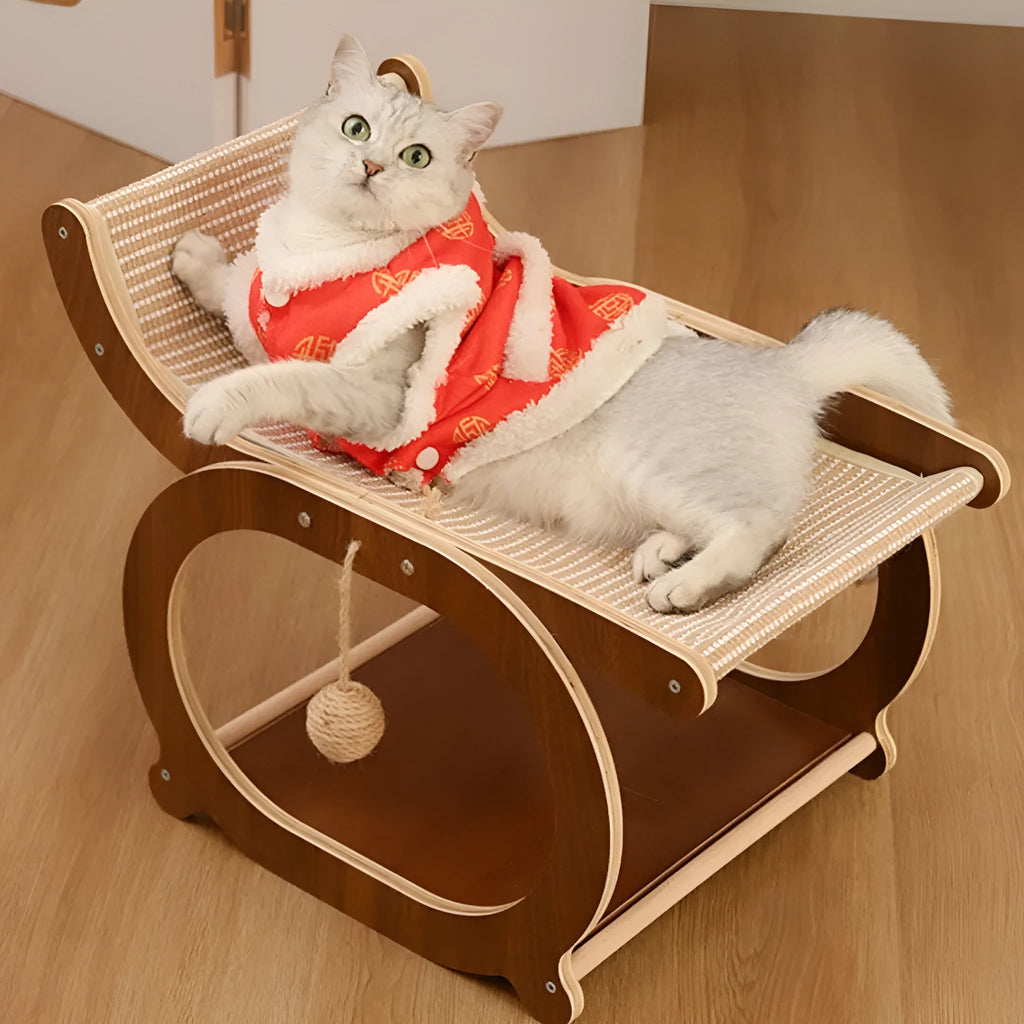 Solid wood cat scratching mat with sisal surface and integrated cat bed in walnut colour