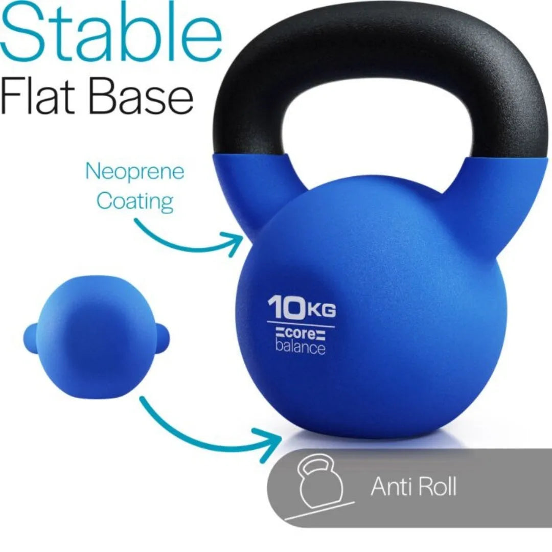 A blue cast iron dumbbell shaped like a teapot, showing its 10 kg weight and solid construction.