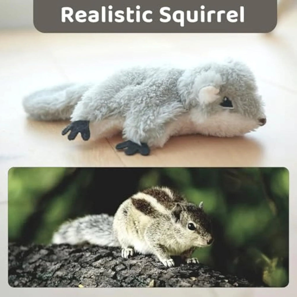 Gray flapping squirrel cat toy with USB charging cable for interactive feline play