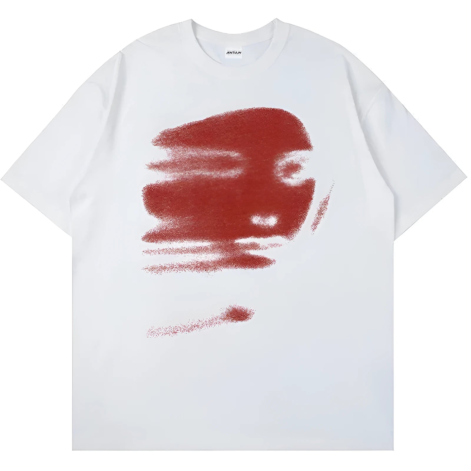 White cotton loose fit short sleeve t-shirt with a round neck on a hanger.