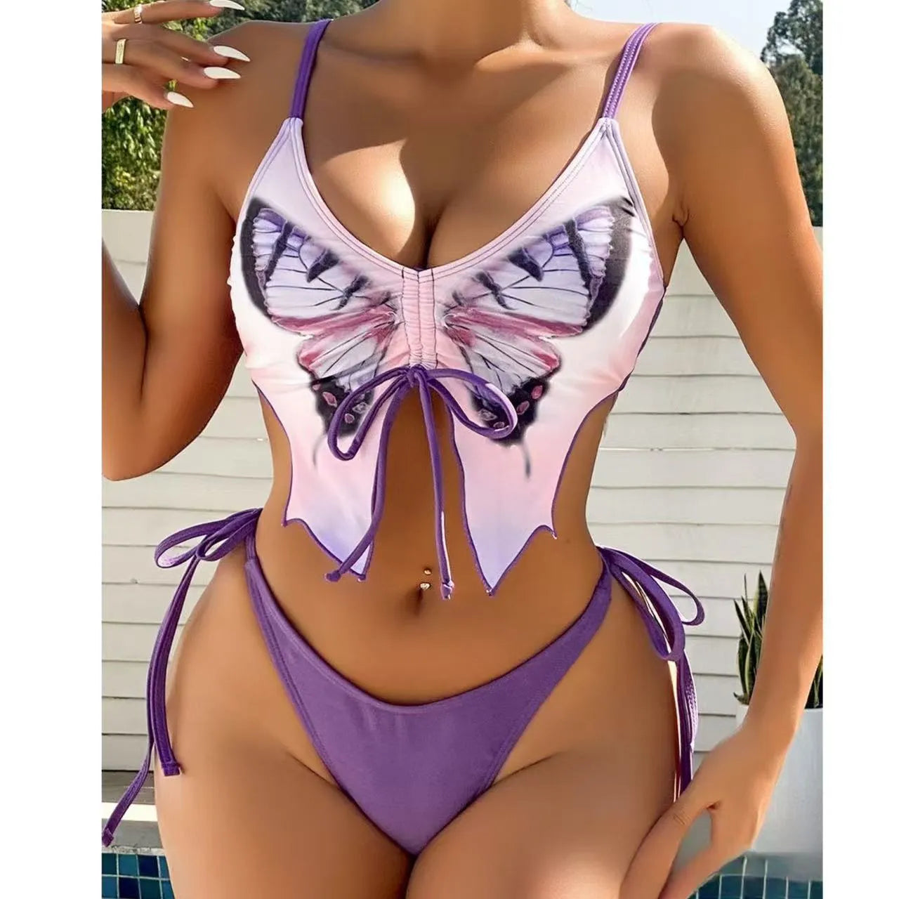 Women's sleeveless split bikini set with bow detail in multiple colour options