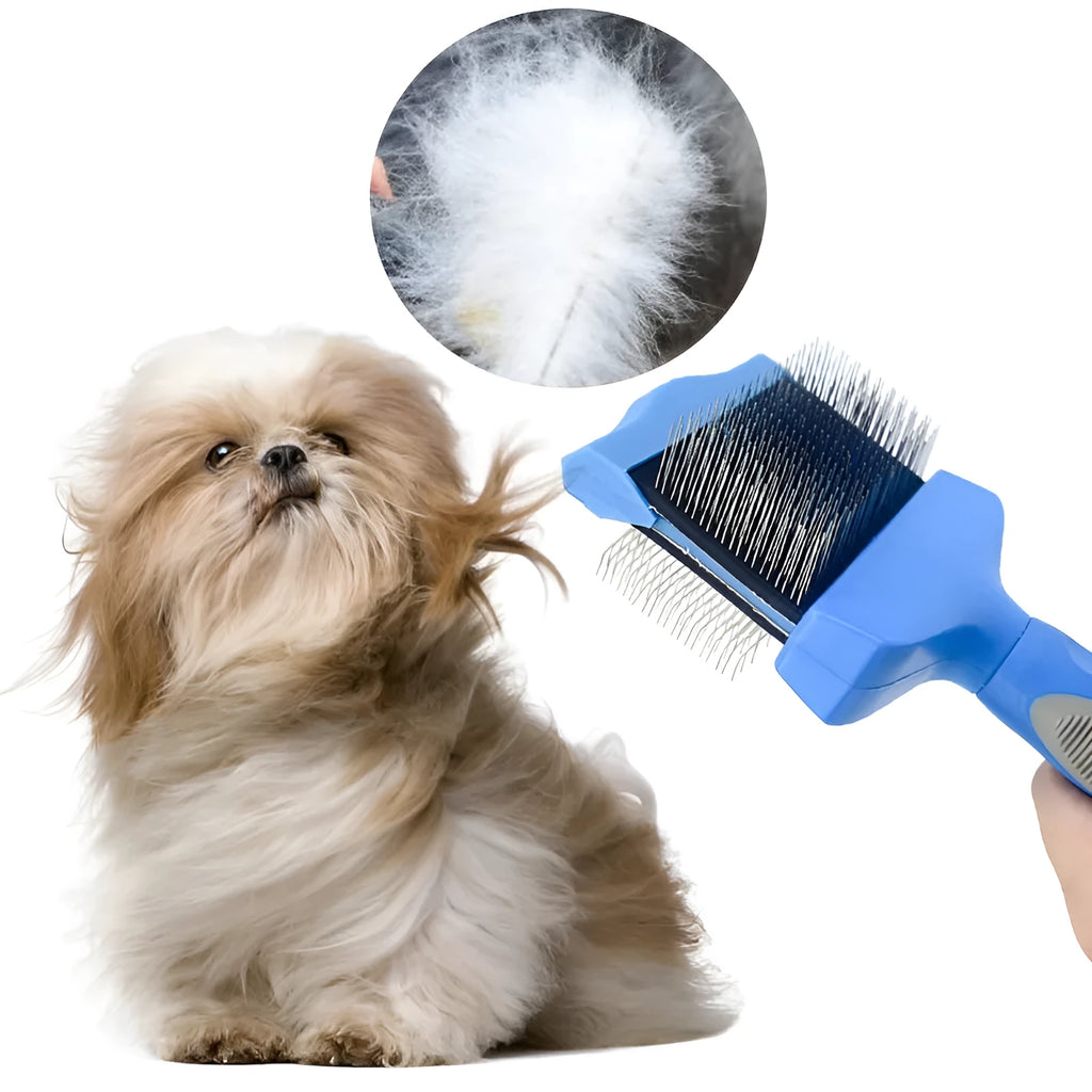 Double-sided pet brush with stainless steel pins and blue ergonomic handle for dog and cat grooming