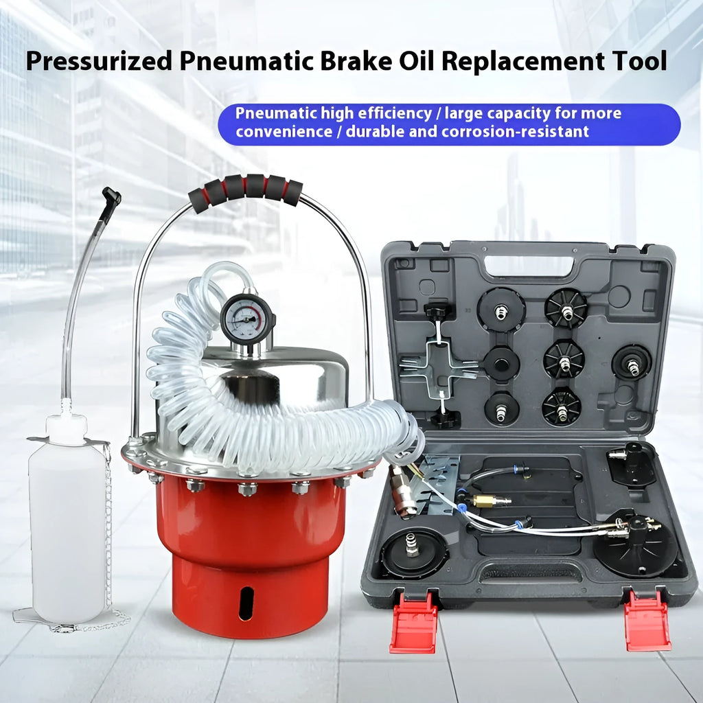 Pneumatic brake fluid replacement machine with large steel tank, pressure gauge, regulator, and transparent drain pipe.