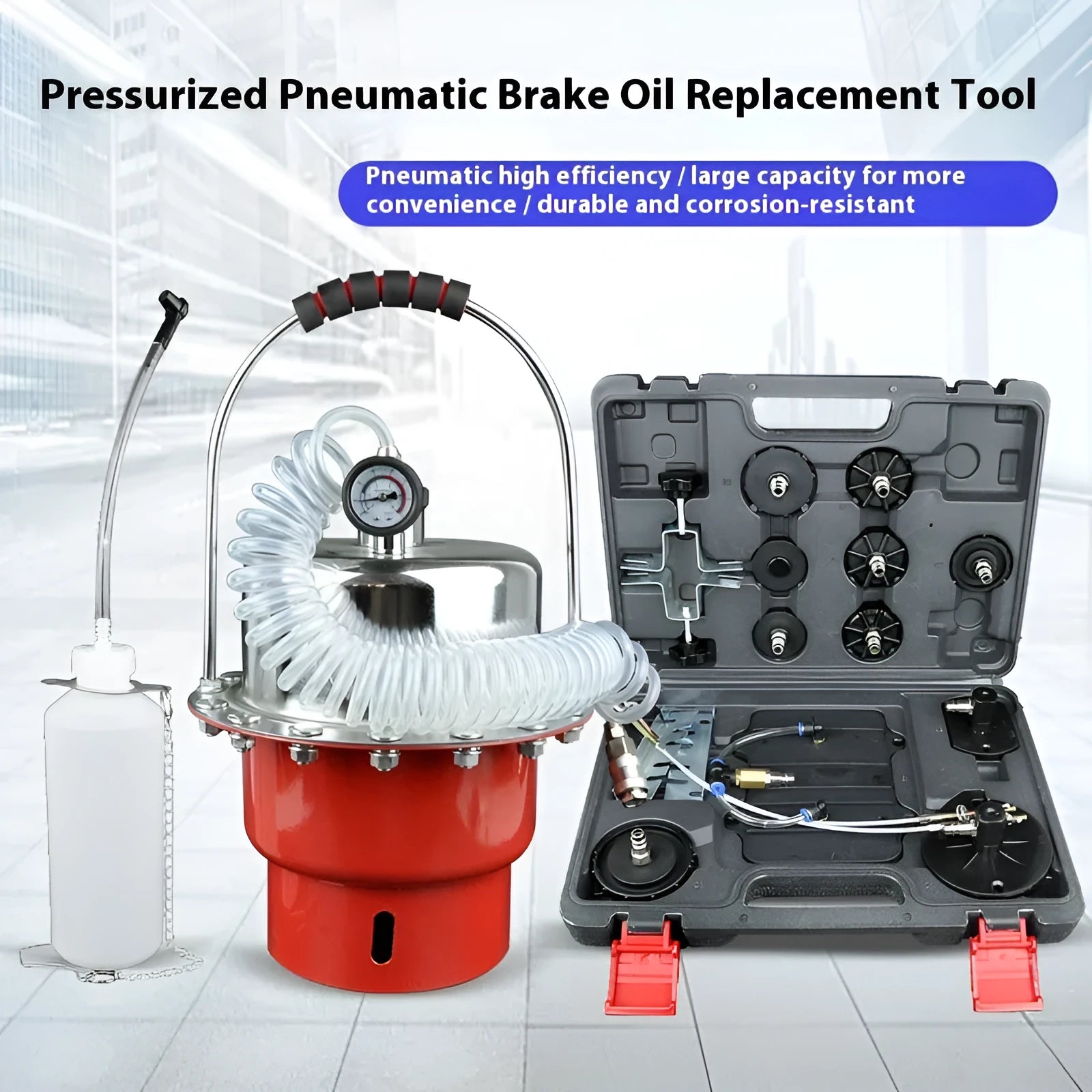 Pneumatic brake fluid replacement machine with large steel tank, pressure gauge, regulator, and transparent drain pipe.
