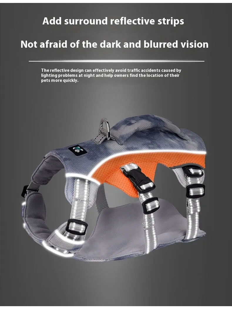 Light blue reflective dog cooling chest strap adjustable harness on a size chart.