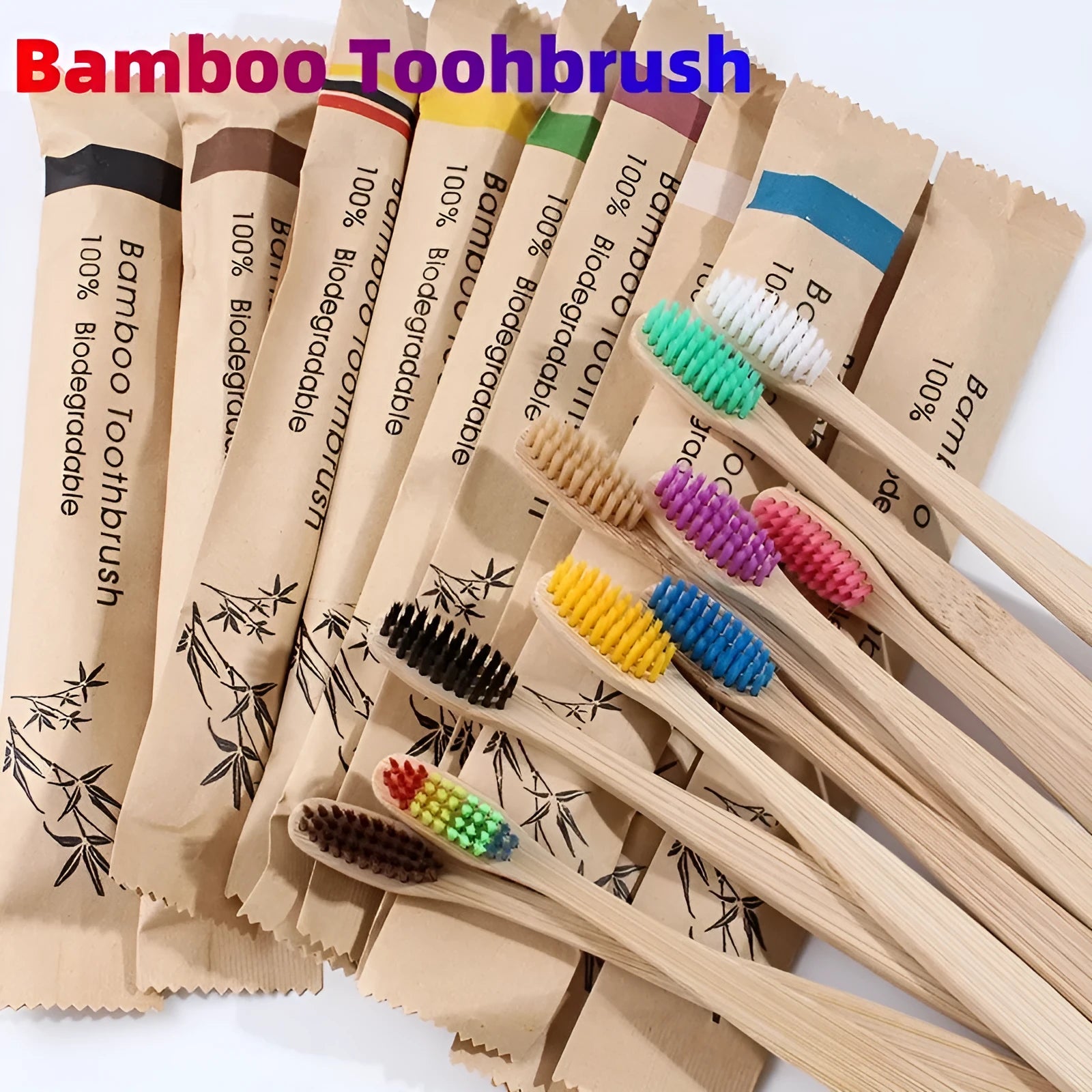 Set of ten bamboo toothbrushes with charcoal-infused bristles in assorted colours on a white background.