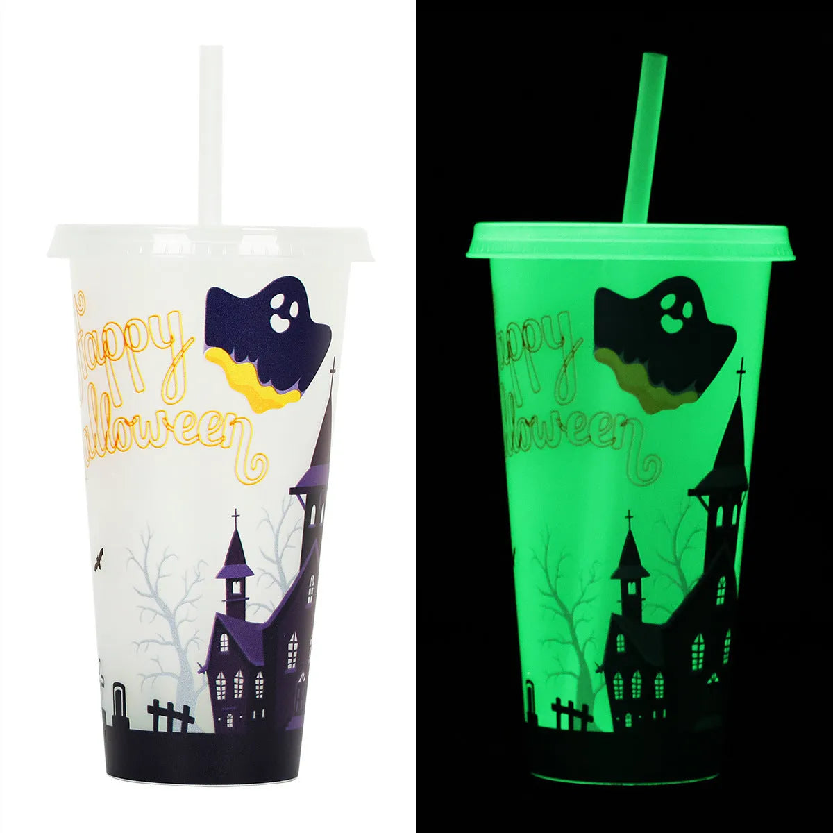 720ml Halloween luminous straw cup with cylindrical plastic design and built-in drinking straw