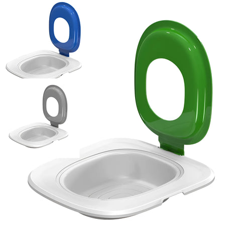 Fifth generation cat toilet trainer mat in ABS plastic, shown in grey, green, and blue colour options.