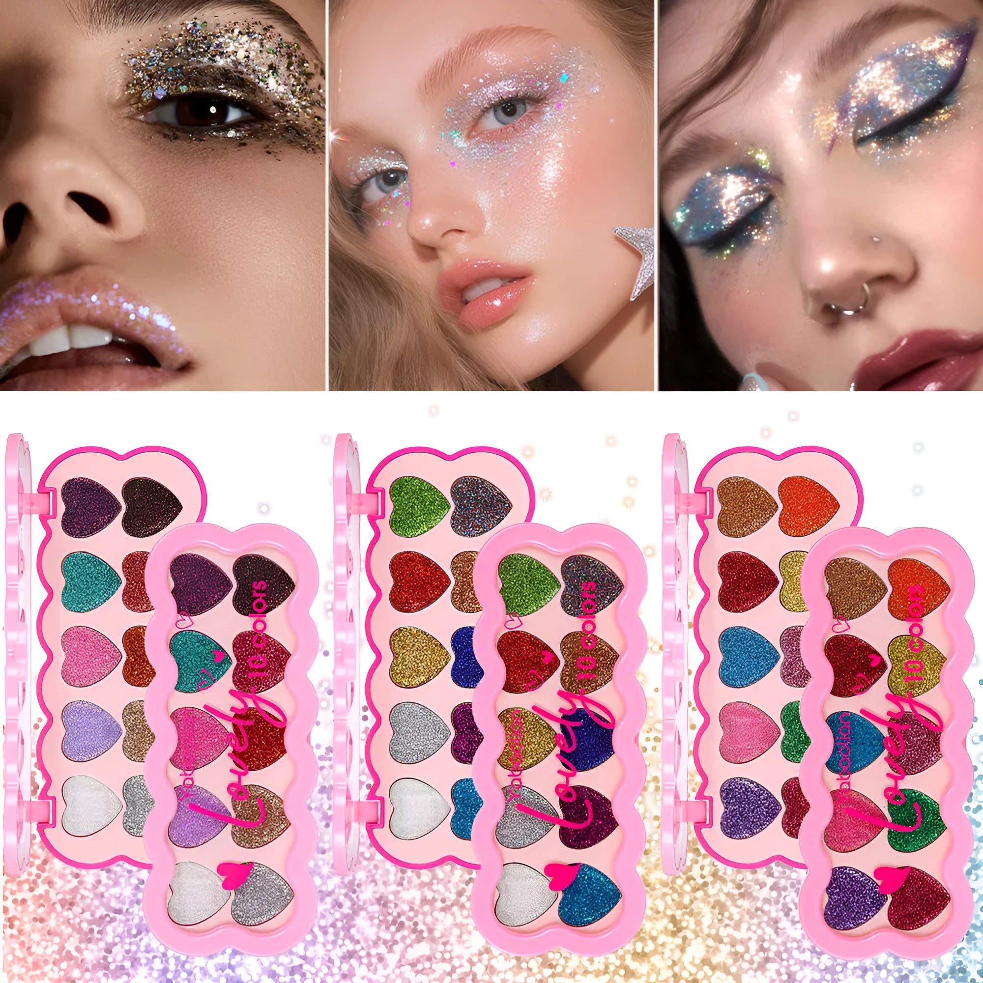 Pearlescent heart shaped ten-colour sequins eye shadow palette with universal skin type compatibility