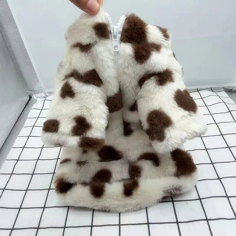 British style plush warm coat for small dog breeds in pink or brown colours