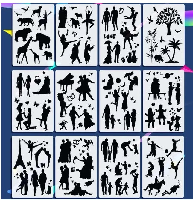 White packaged children's stencil drawing kit with plastic templates, paper, and markers