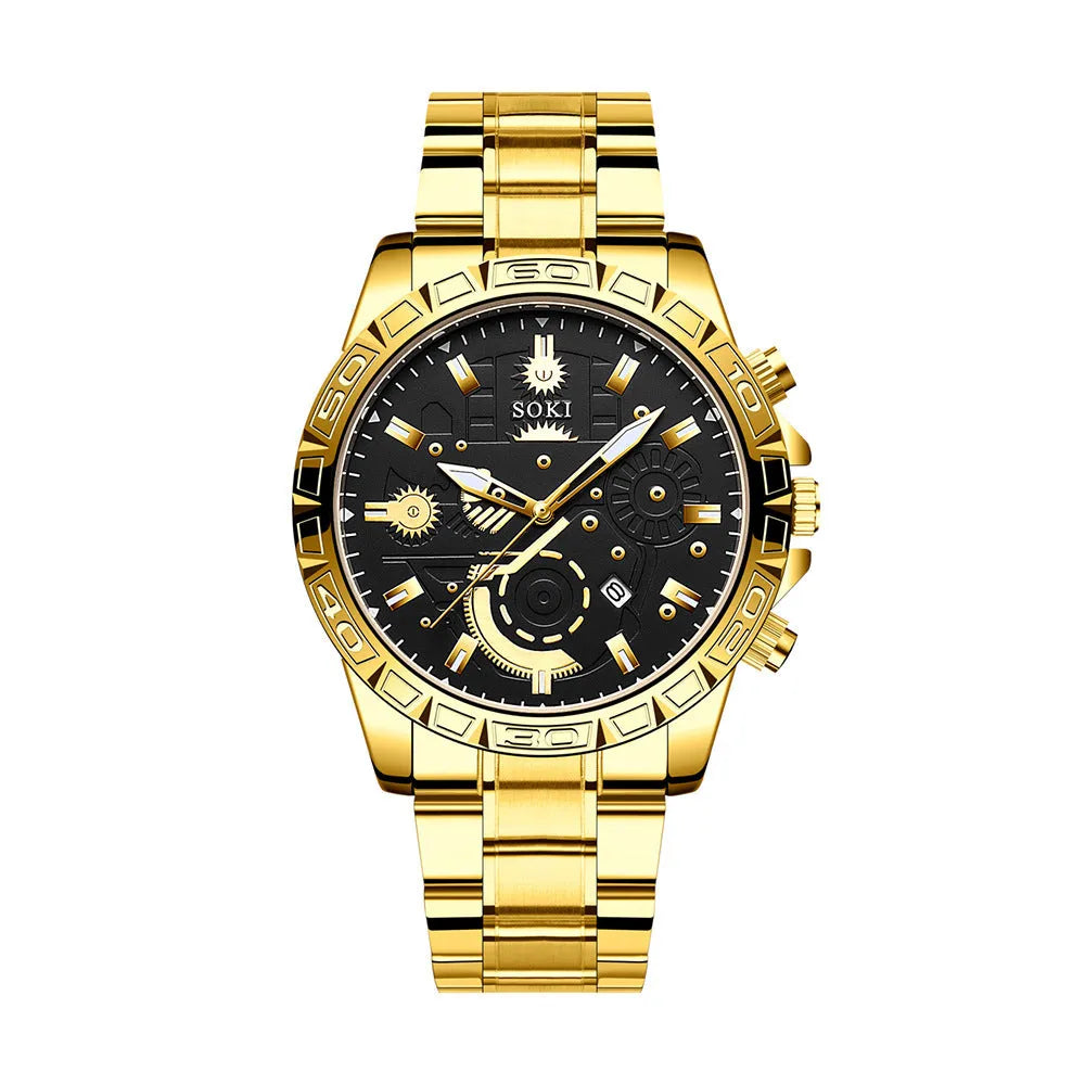 Men's gold steel business quartz watch with stainless steel bracelet on wrist