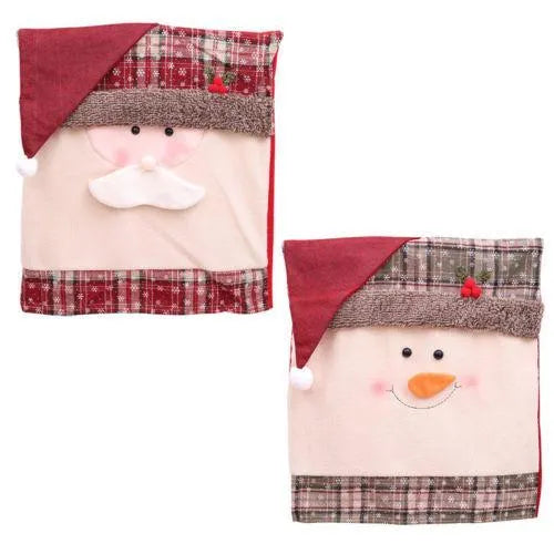 Christmas chair covers set with Santa Claus, Snowman, and Santa hat designs on dining chairs