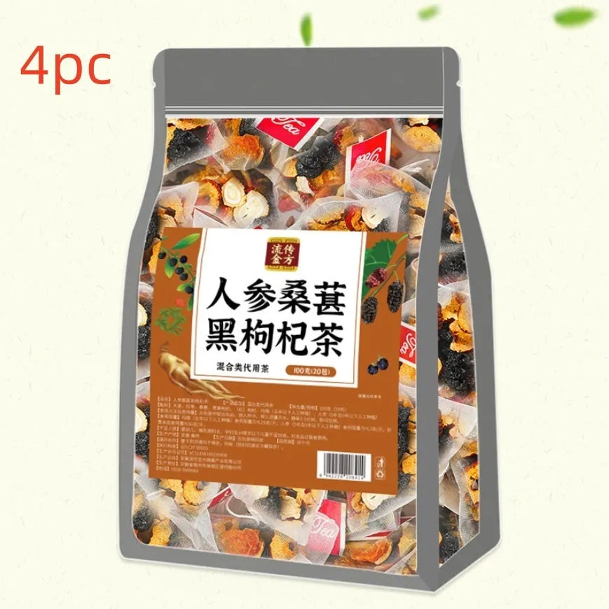 Box of Ginseng Mulberry Black Wolfberry Tea showing 40 individual 5g sachets totaling 200g.