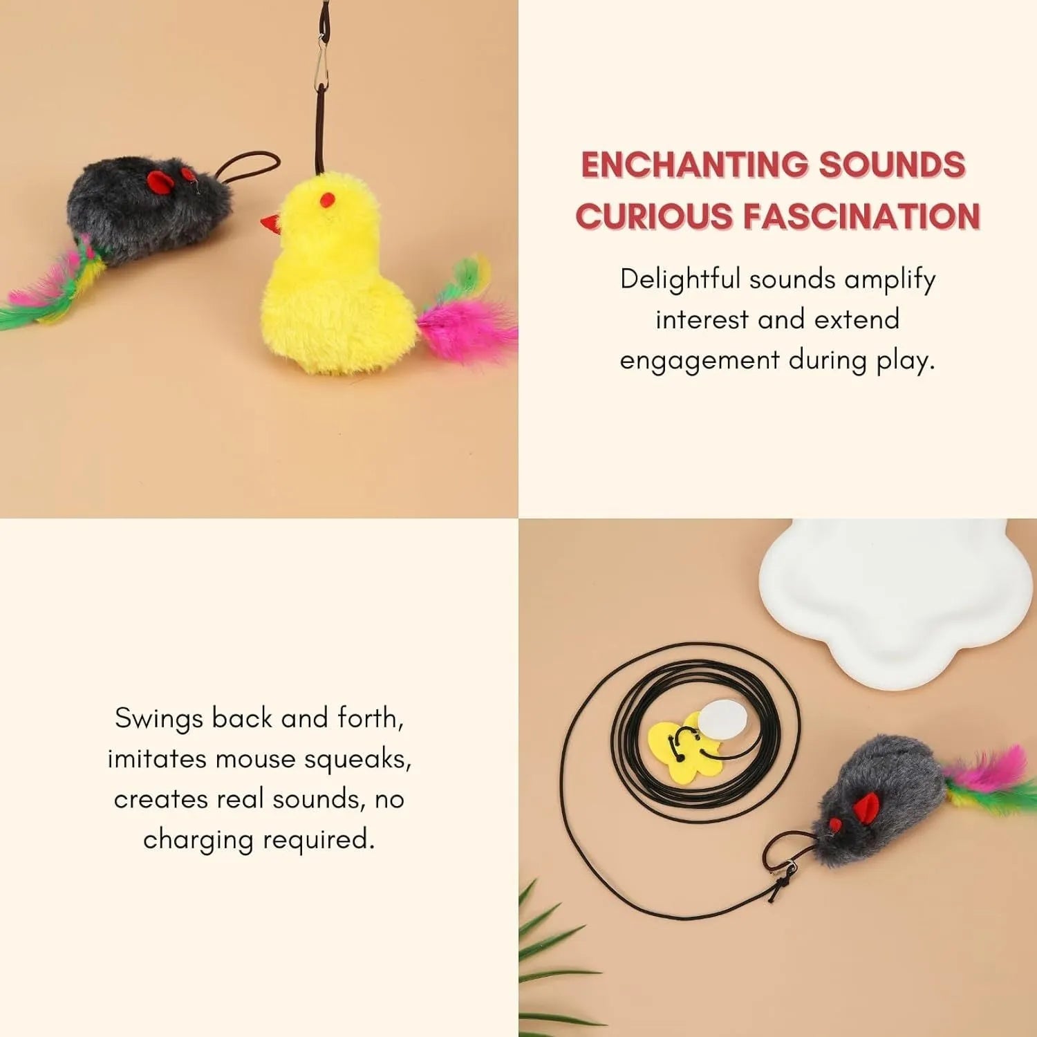 Grey and yellow hanging cat toy with elastic rope, dangling mouse attachment, and treat dispenser bulb
