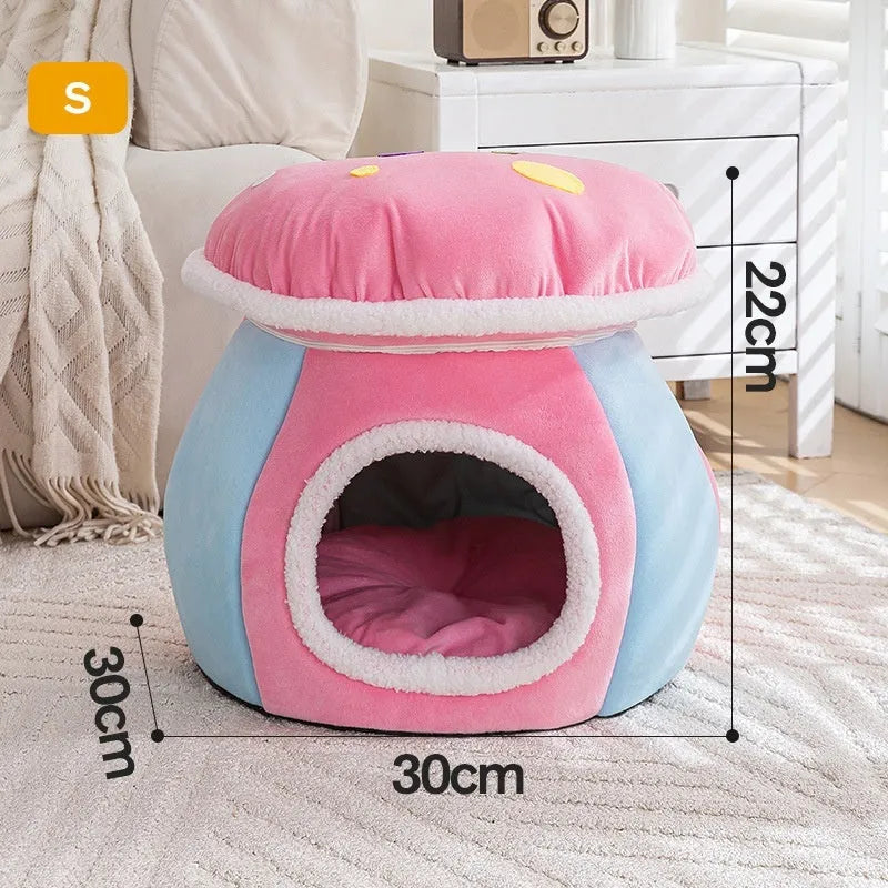 Grey mushroom-shaped plush cat bed with a detachable rabbit blanket for winter warmth.