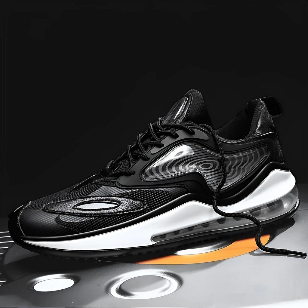 Men's Space Black casual shoes with air cushion design and rubber sole, shown from the side.