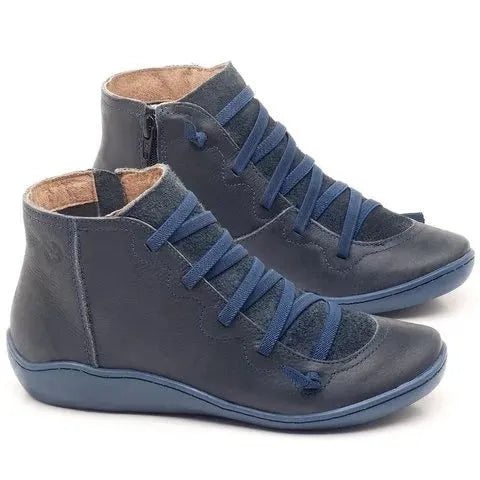 Women's casual round-toe ankle boots with a wedge heel in artificial PU, shown in multiple colour options.