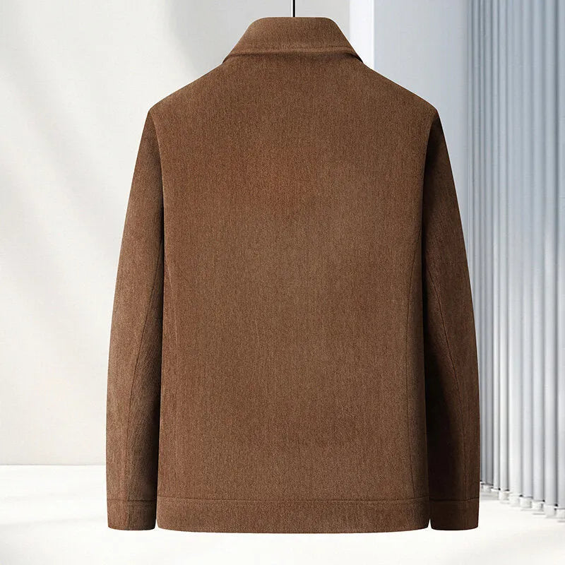 Men's slim-fit casual lapel coat in brown, shown on a model.