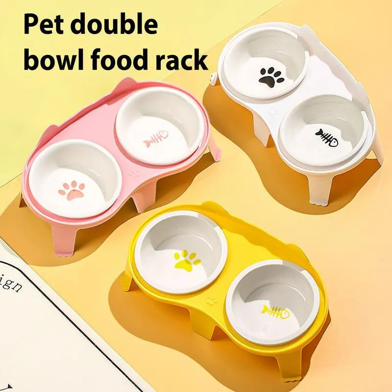 Blue elevated ceramic pet bowl set with two bowls and a stand with hook