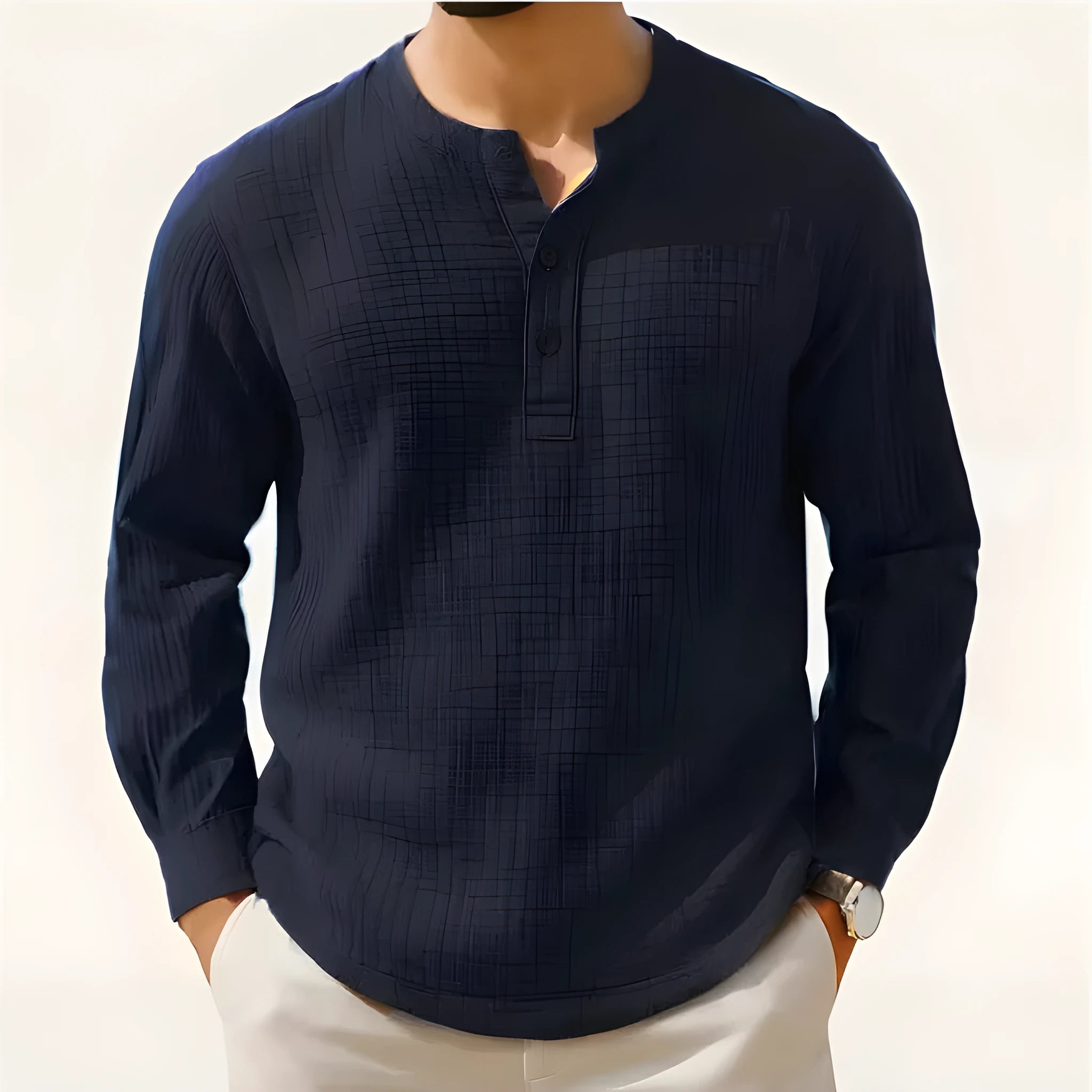 Long sleeve cotton linen pullover shirt in slim fit with 3/4 sleeves in a solid colour.