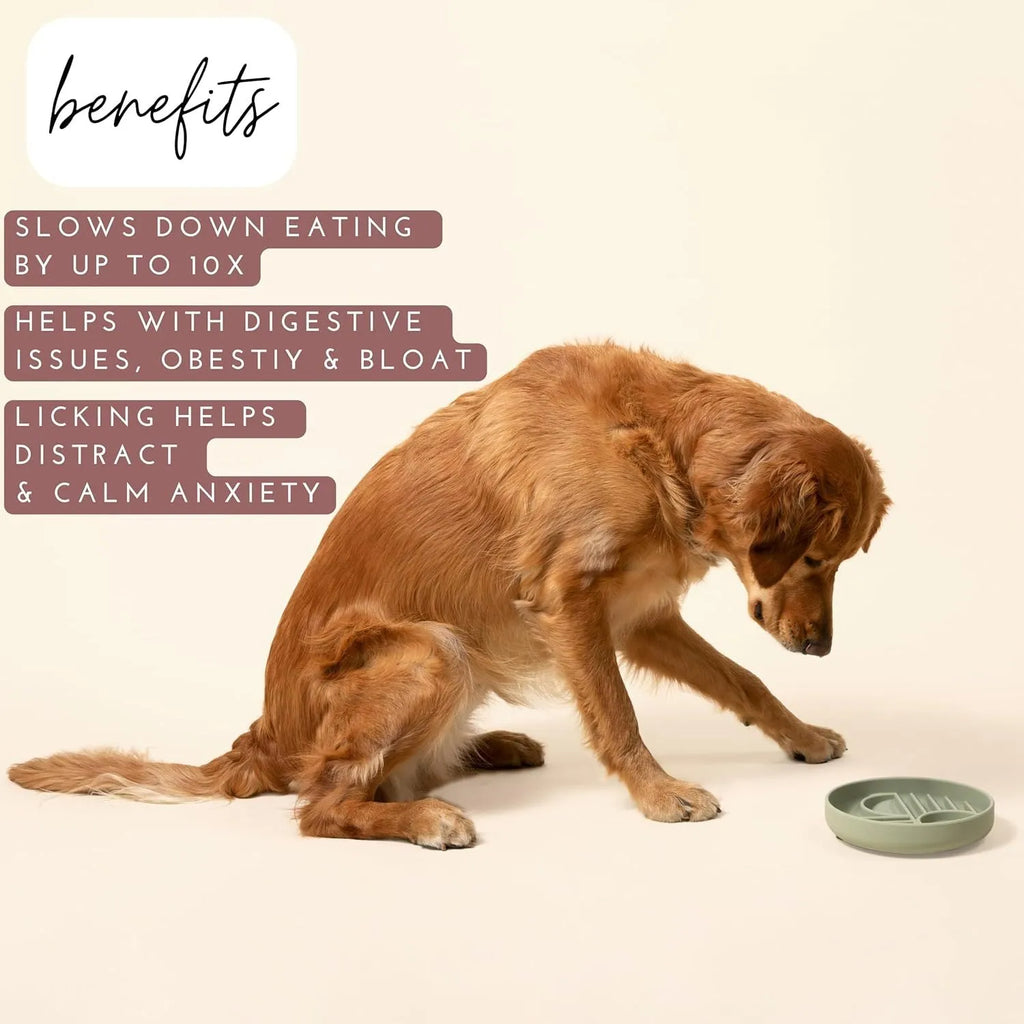 Silicone slow feeder dog bowl with ridges, shown in beige colour, 19cm diameter