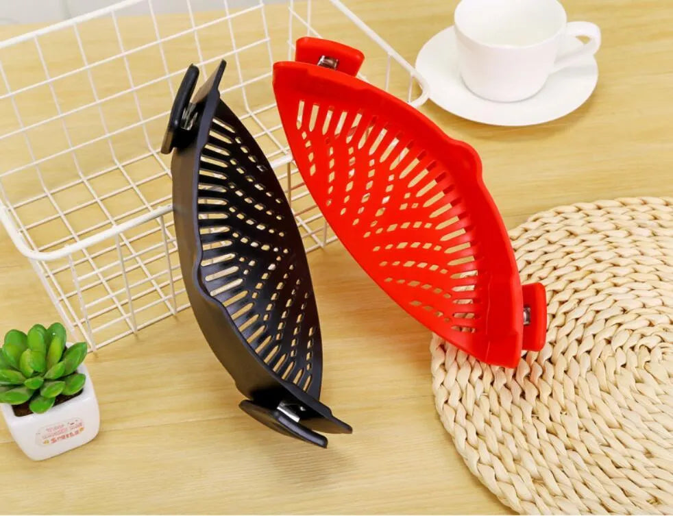 Silicone clip-on kitchen funnel strainer for draining liquids from pots with buckle attachment
