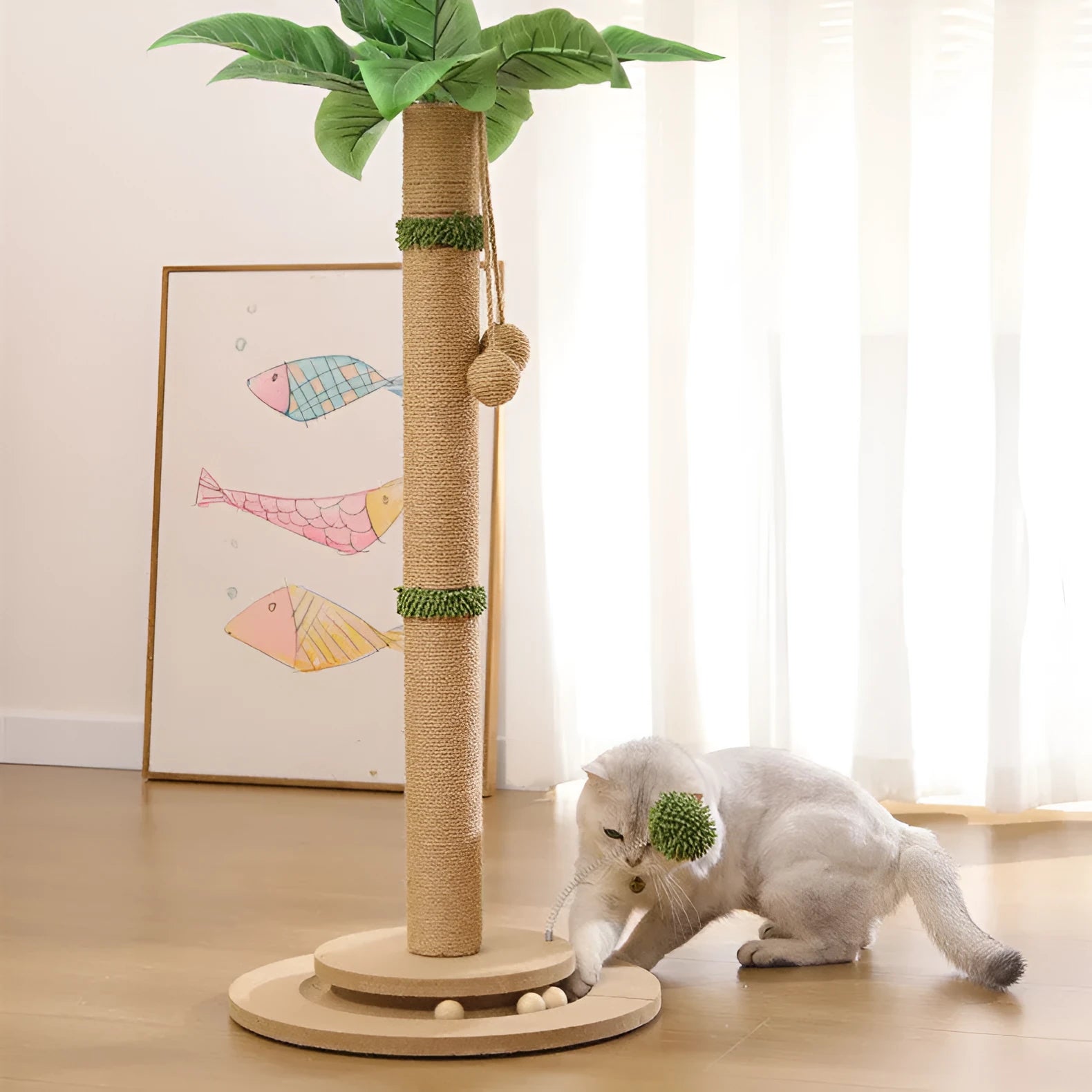 Vertical cat climbing frame with hemp rope scratch surface in Canna colour with chamfered columns.
