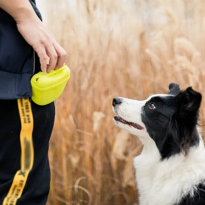 Silicone dog training treat pouch with clip and magnetic closure in assorted colours