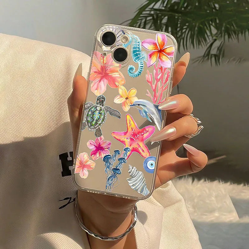 Transparent TPU phone case with hand-painted dolphin and turtle design for Apple iPhone