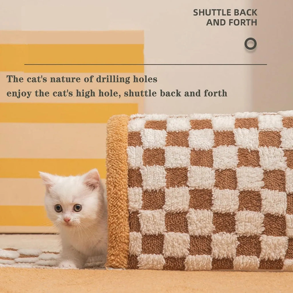 XL soft brown plaid cat tunnel bed with central mat and non-slip bottom on a wooden floor.