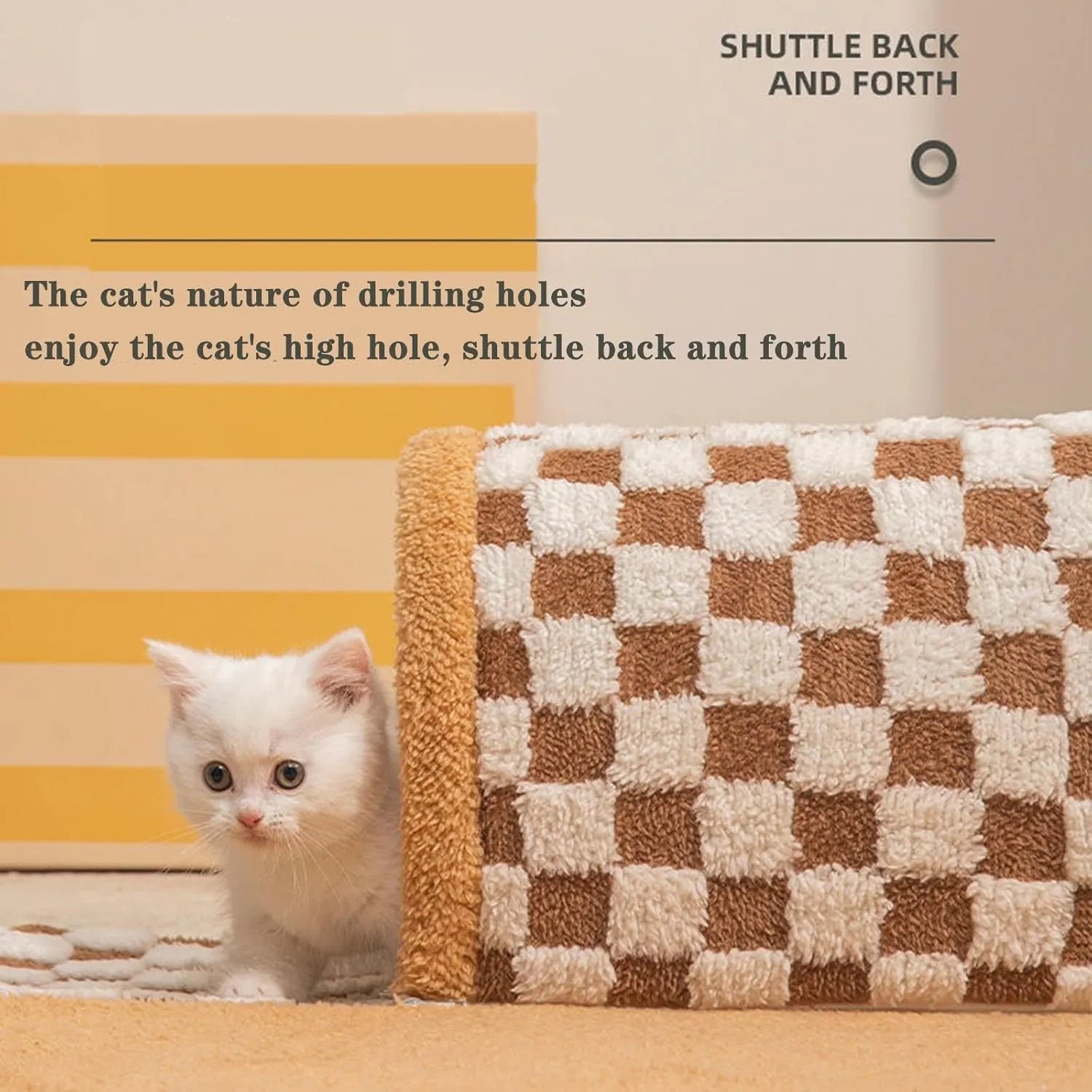 XL soft brown plaid cat tunnel bed with central mat and non-slip bottom on a wooden floor.