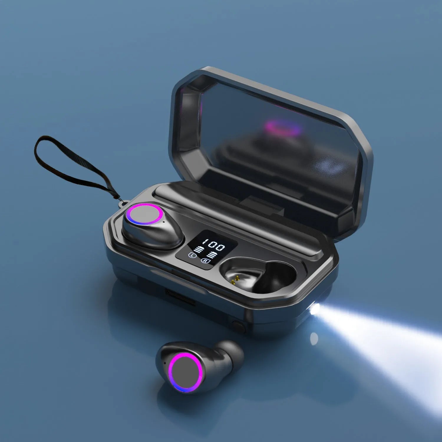 Wireless Bluetooth headset with LED power display showing battery level in charging case