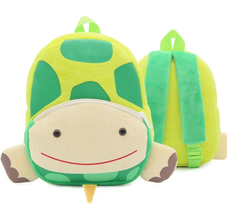 Plush children's backpack with animal design showing soft texture and zipper opening