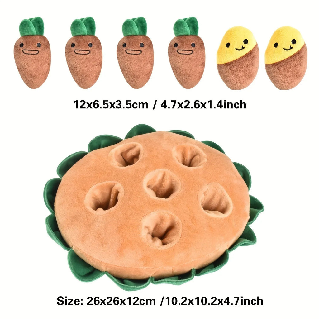 Yellow interactive dog puzzle toy pad with four removable squeaky plush toys attached with velcro