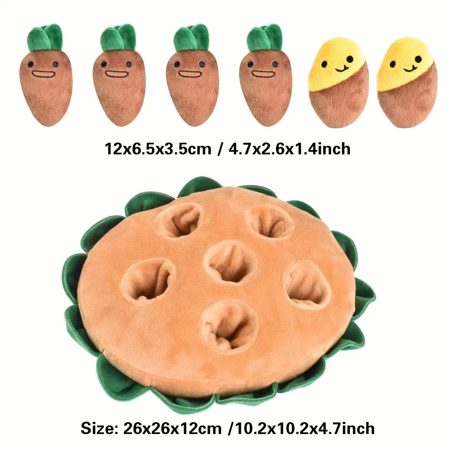 Yellow interactive dog puzzle toy pad with four removable squeaky plush toys attached with velcro