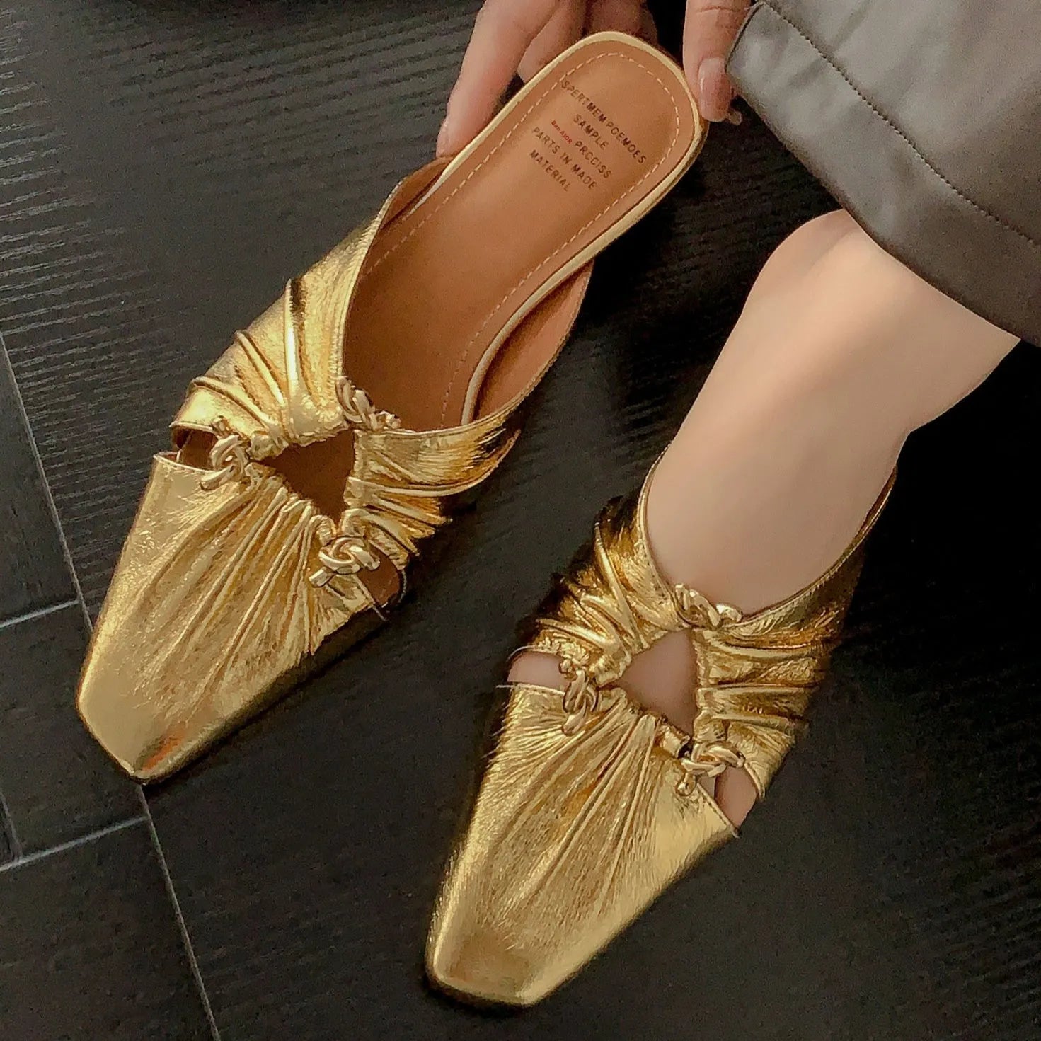 Women's leather half-toe slippers with square toe design in metallic colours