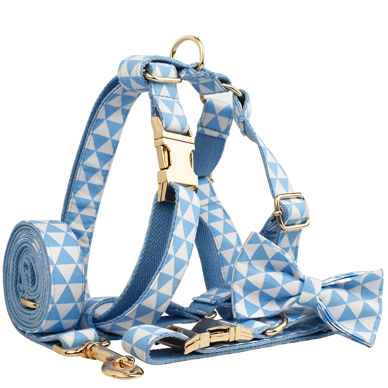 Blue cloth dog collar and leash four-piece set with vest and bow accessory