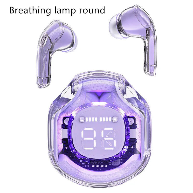 Transparent warehouse wireless Bluetooth headset in white, black, pink, sky blue, or violet with optional breathing light