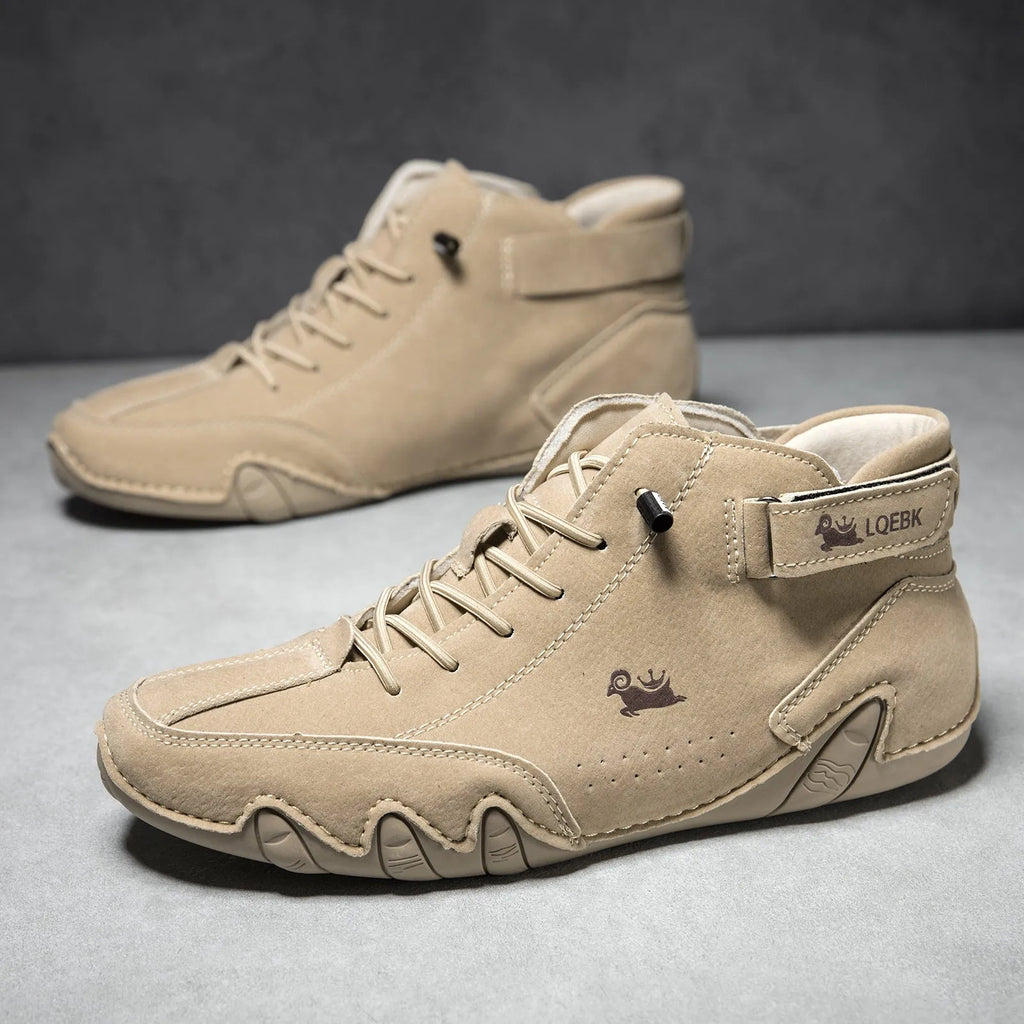Men's brown high-top Octopus design Martin boots with a round toe and flat rubber sole.