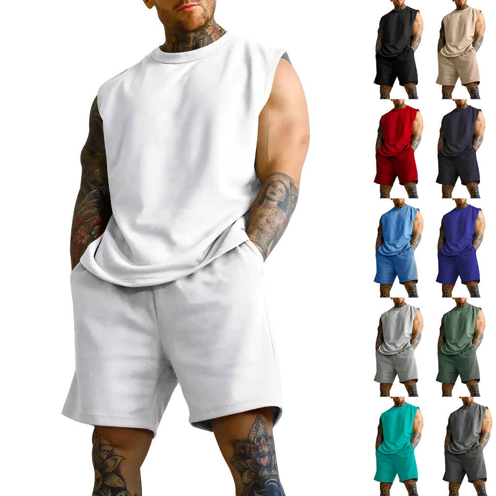 Men's solid colour sleeveless sports top and matching casual shorts set on a hanger