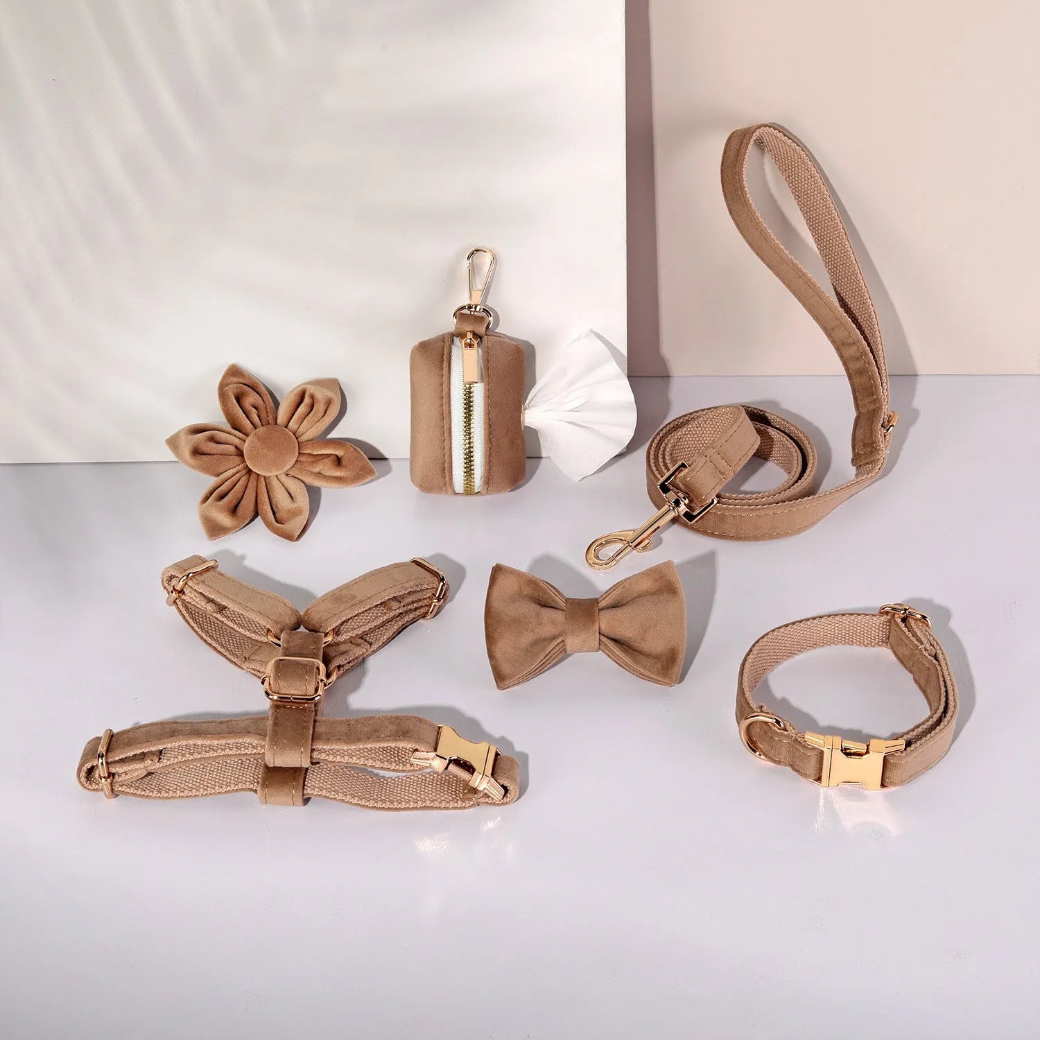 Classic velvet pet collar and traction rope set with matching bow tie, flower and accessories