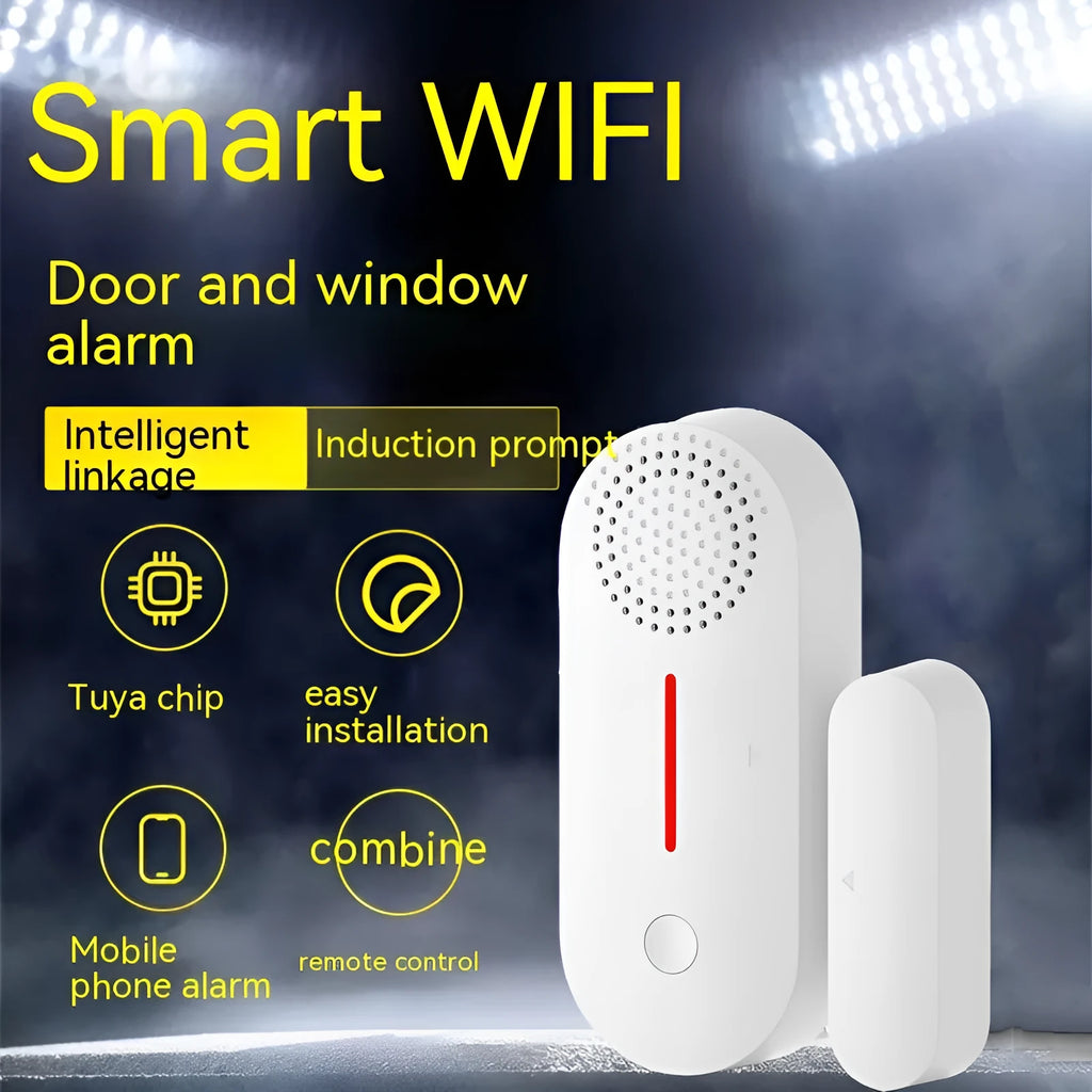 White WiFi door magnetic sensor alarm unit with separate magnetic contact for home security