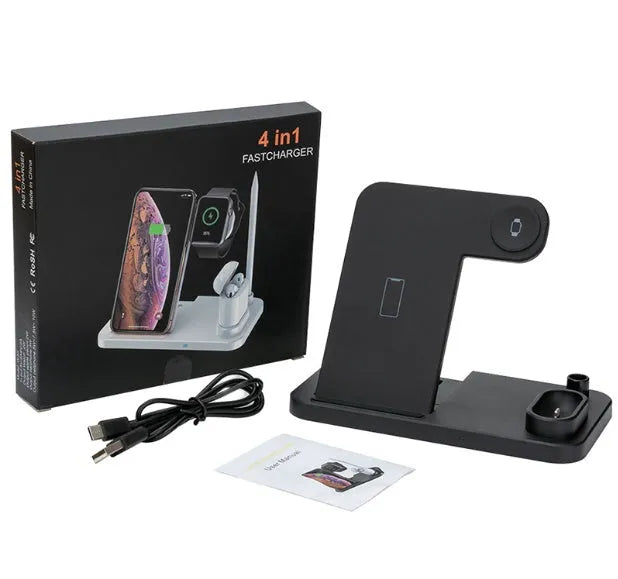 4-in-1 wireless charging station with adjustable phone stand charging multiple devices