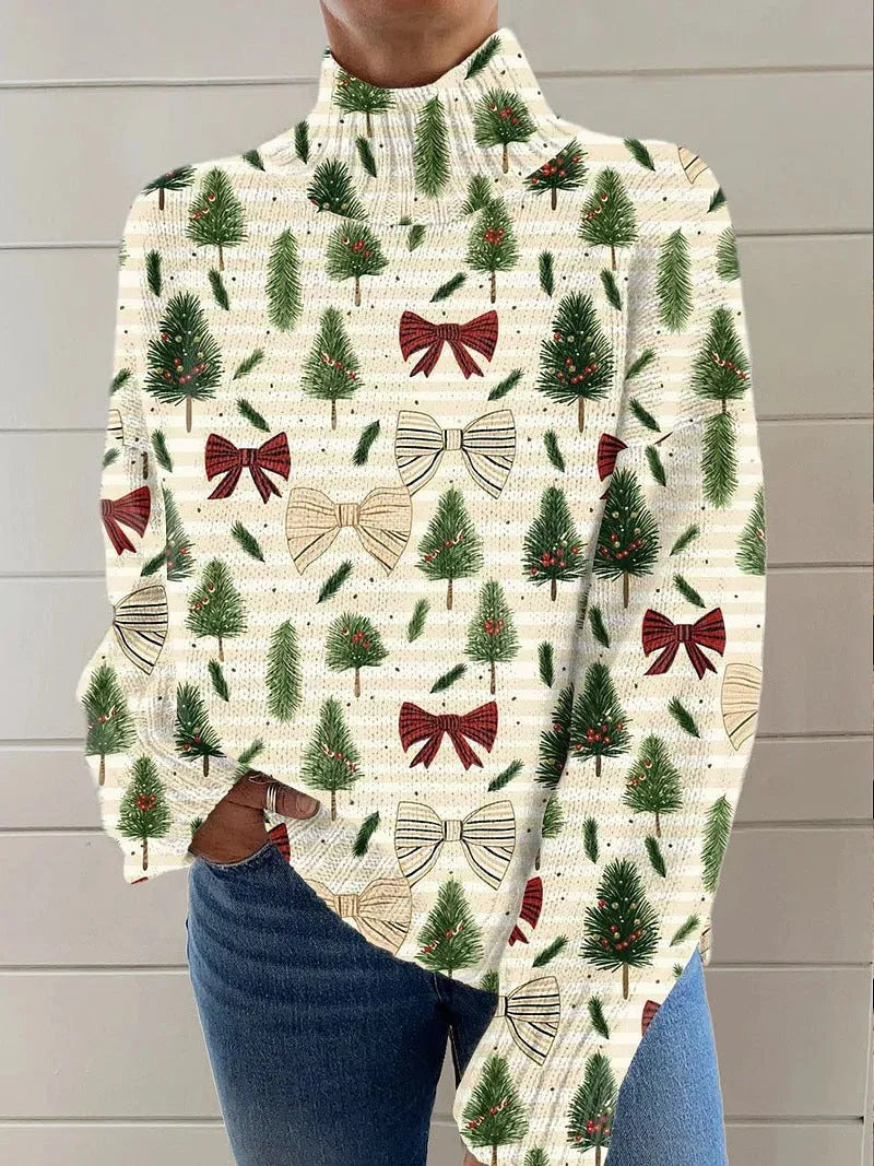 Women's Christmas printed turtleneck sweater with painting pattern in macaron colour