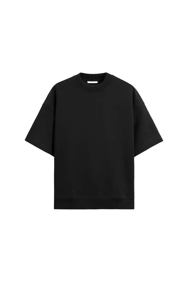 Loose blue polyester T-shirt and matching shorts set on a hanger, showing round neck and double-sided texture.