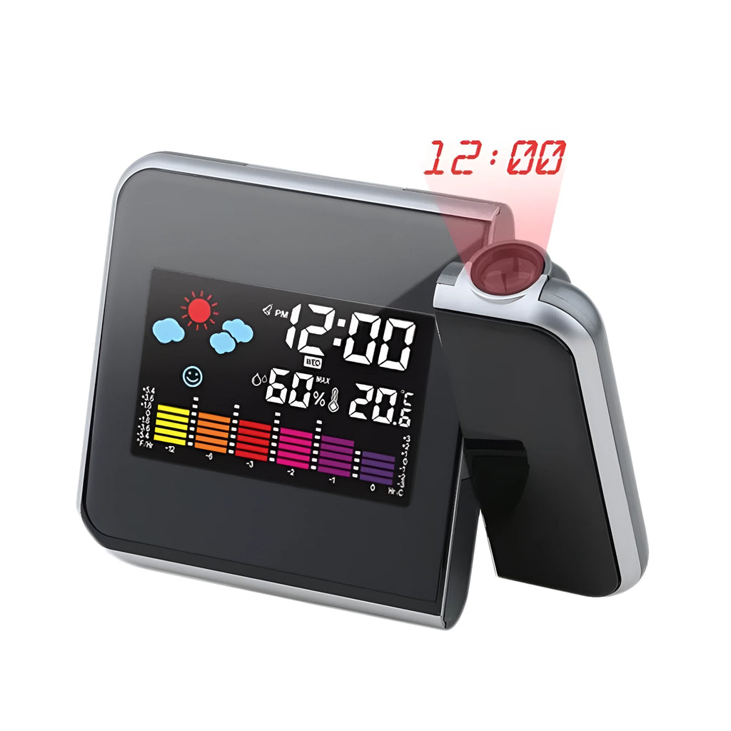 Black digital projection alarm clock with LED display showing time temperature humidity