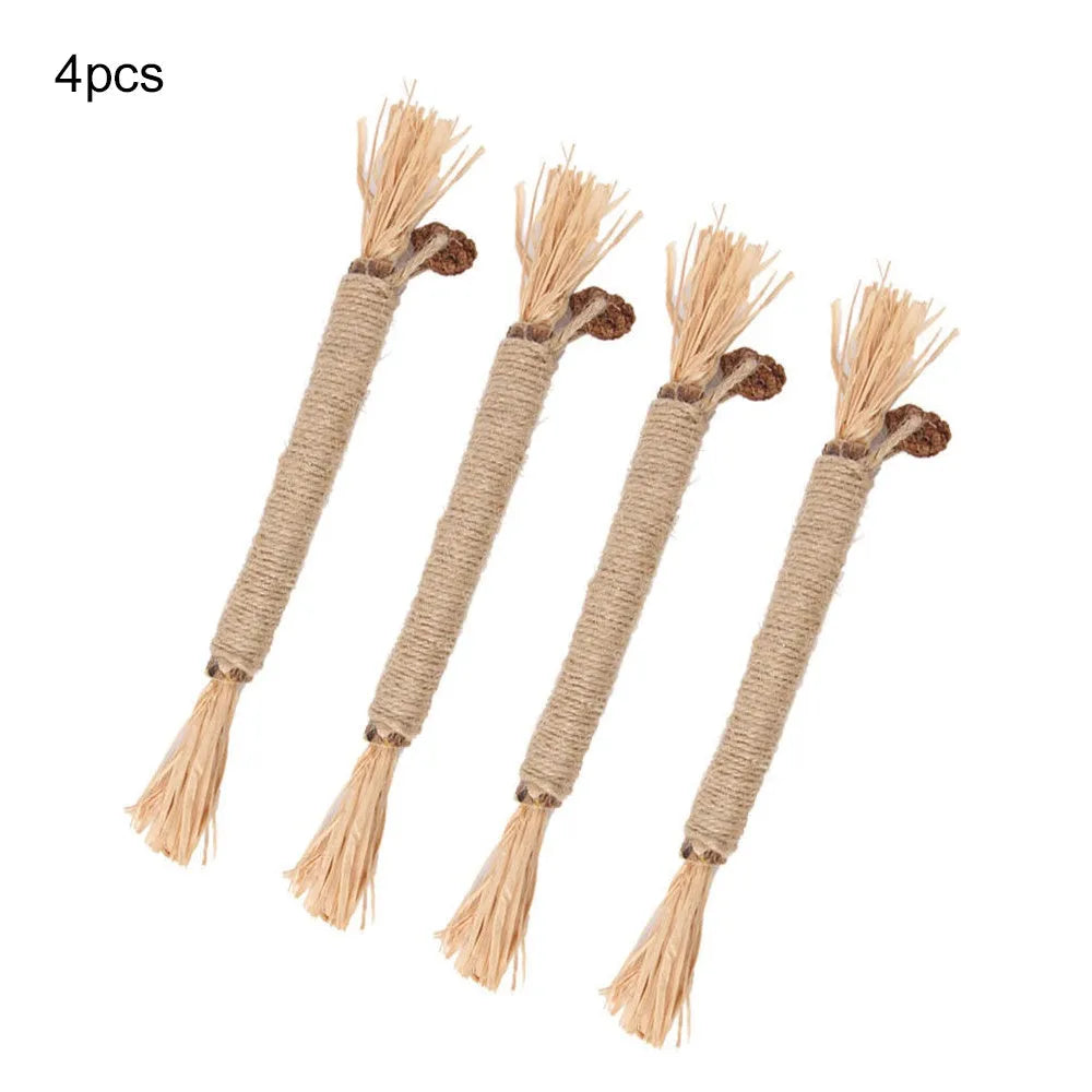 3 natural silvervine chew sticks for cats with sisal rope and raffia dental care toy
