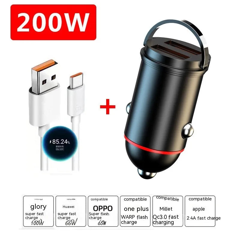 Black 200W super fast car charger with zinc alloy housing and USB output interface.