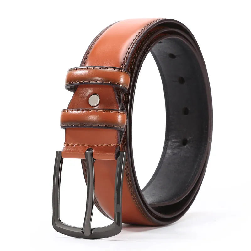 Men's black imitation leather business belt with an alloy pin buckle and laser logo elephant pattern.